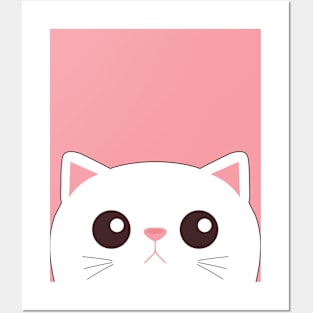 Cute peeking white cat face Posters and Art